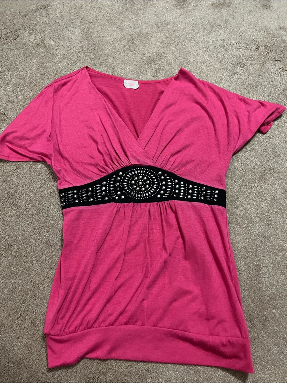 Hot Pink V-Neck Tunic with Black Studded Waistband